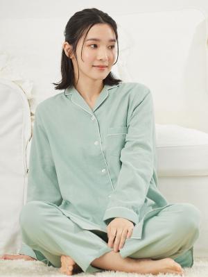 マタニティ パジャマ・ルームウェア|【授乳しやすい】ダブルガーゼシンプルパジャマ【産前産後対応パンツ付】|ミントグリーン
