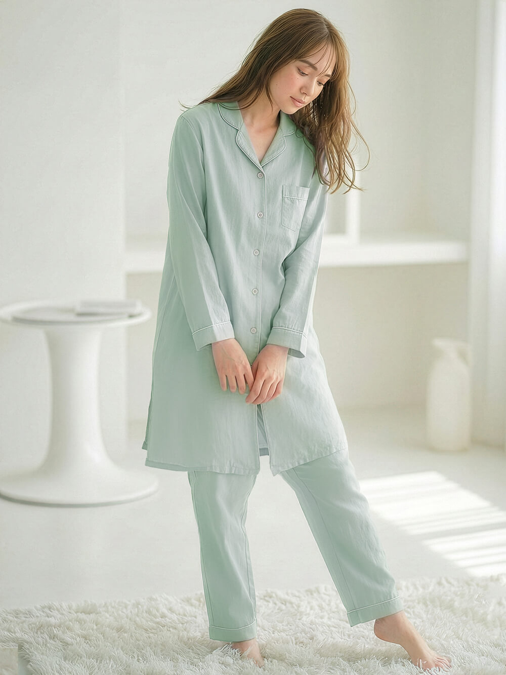 マタニティ パジャマ・ルームウェア|【授乳しやすい】ダブルガーゼシンプルパジャマ【産前産後対応パンツ付】|ミントグリーン
