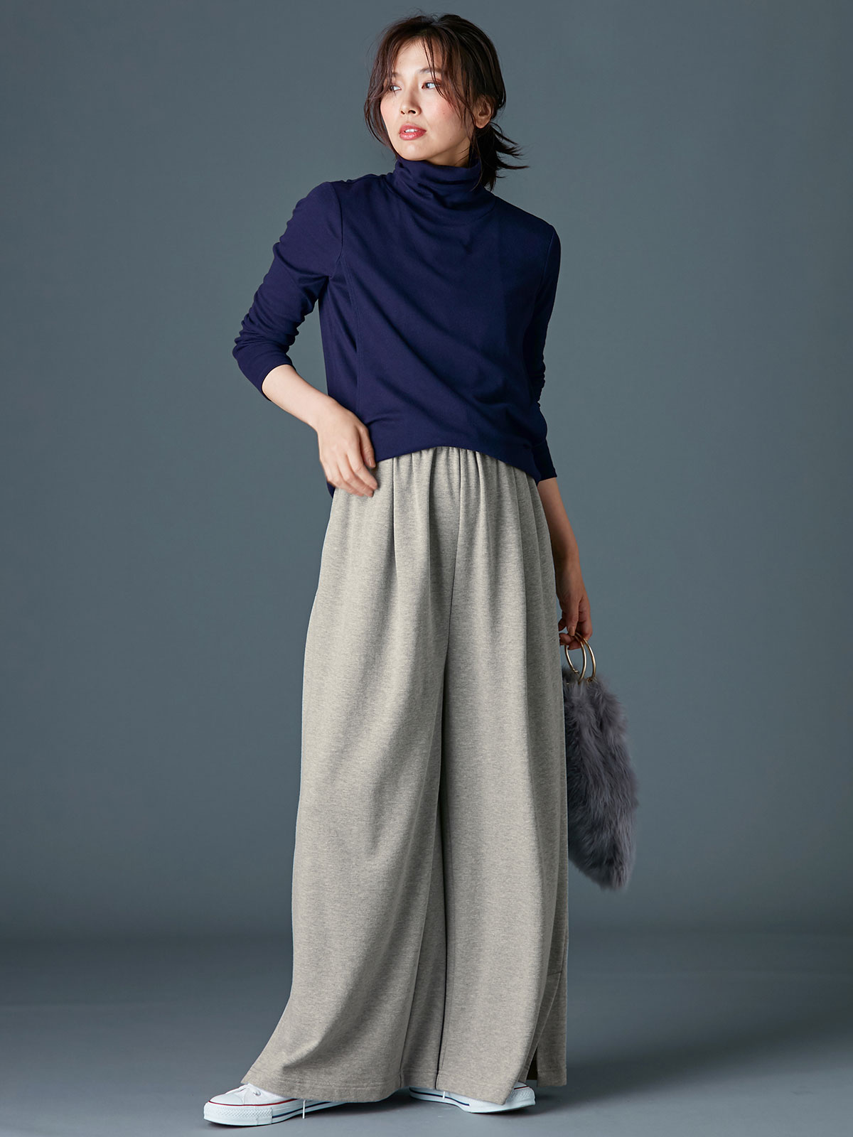 アウトレット|【産前産後対応】フロントインできる楽ちん裏毛サイドスリットロングパンツ【出産後も長く使える】|杢グレー