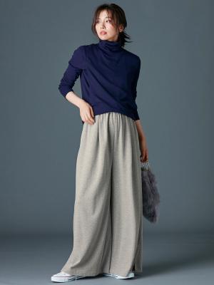 アウトレット|【産前産後対応】フロントインできる楽ちん裏毛サイドスリットロングパンツ【出産後も長く使える】|杢グレー