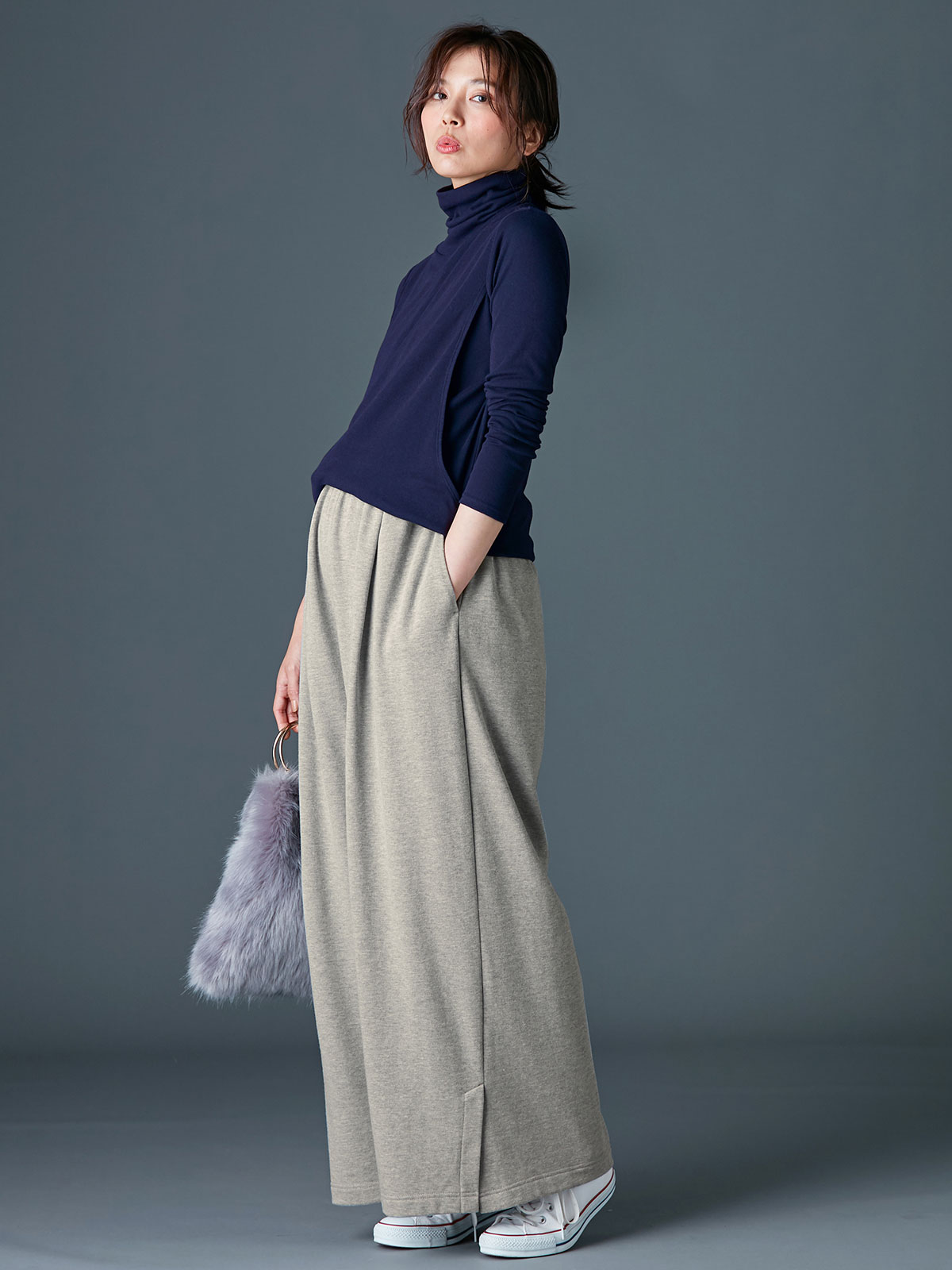 アウトレット|【産前産後対応】フロントインできる楽ちん裏毛サイドスリットロングパンツ【出産後も長く使える】|杢グレー