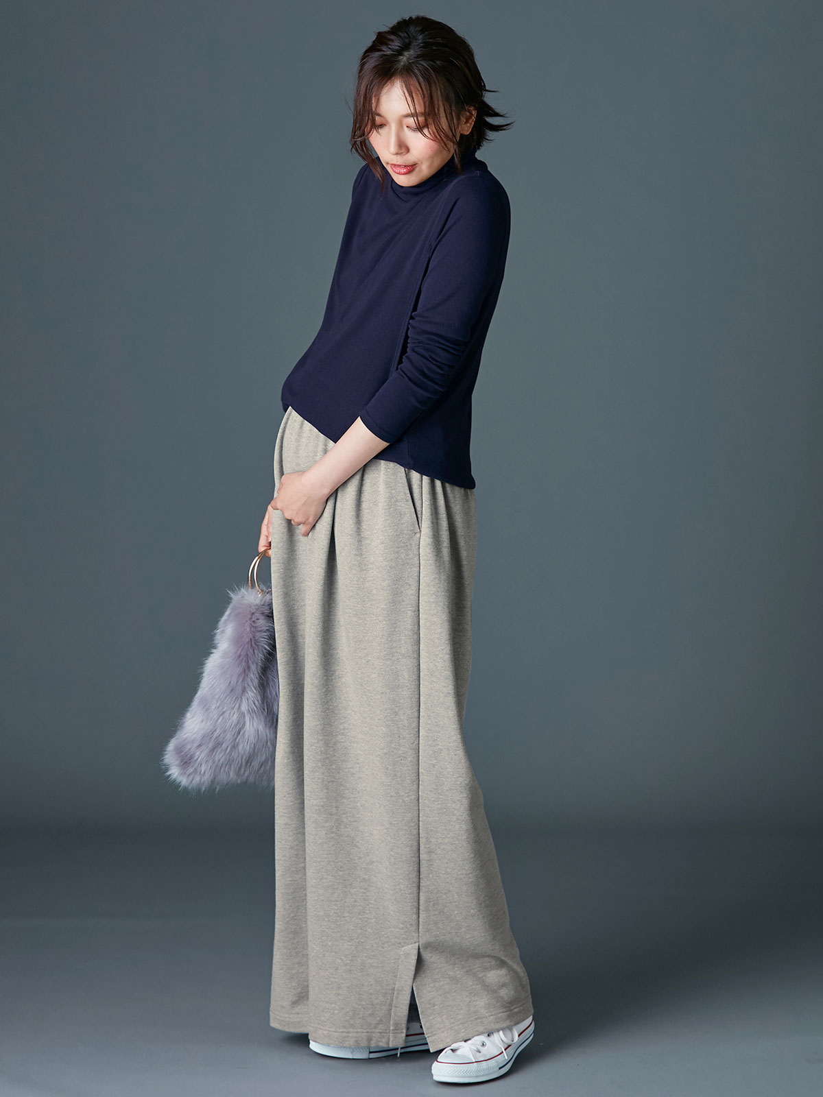 アウトレット|【産前産後対応】フロントインできる楽ちん裏毛サイドスリットロングパンツ【出産後も長く使える】|杢グレー