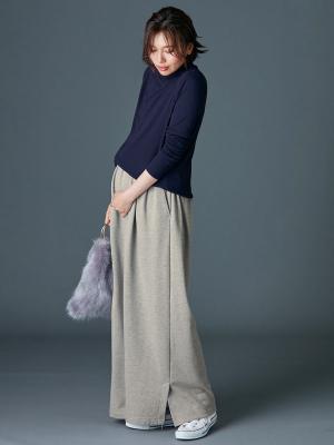 アウトレット|【産前産後対応】フロントインできる楽ちん裏毛サイドスリットロングパンツ【出産後も長く使える】|杢グレー