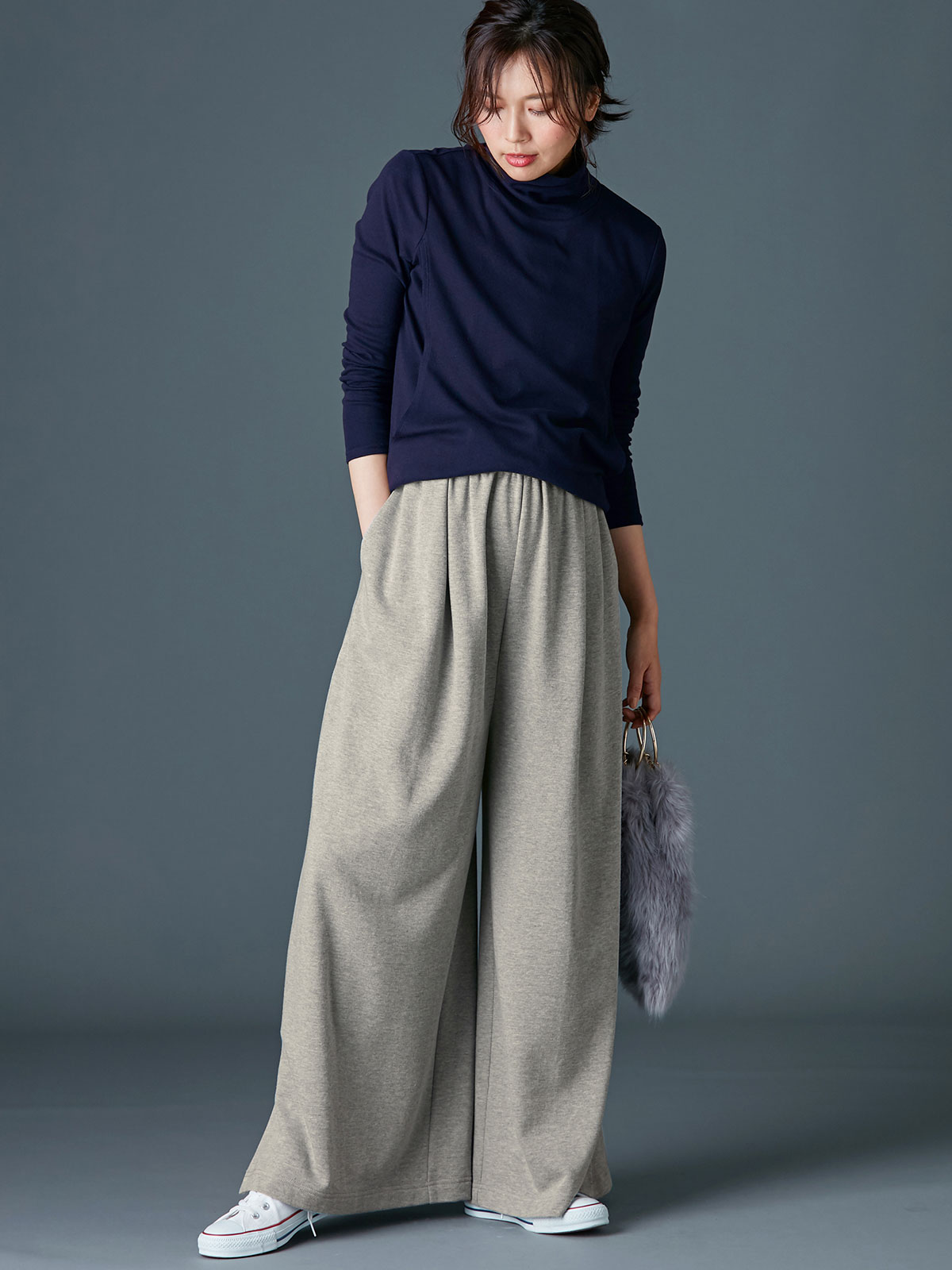 アウトレット|【産前産後対応】フロントインできる楽ちん裏毛サイドスリットロングパンツ【出産後も長く使える】|杢グレー