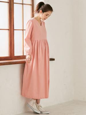 マタニティ ワンピース|コーデュロイギャザーワンピース　マタニティ・授乳服|ピンク　マキシ丈
