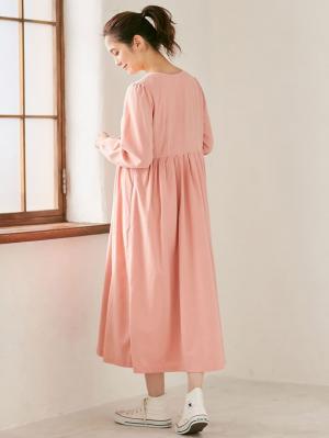 マタニティ ワンピース|コーデュロイギャザーワンピース　マタニティ・授乳服|ピンク　マキシ丈