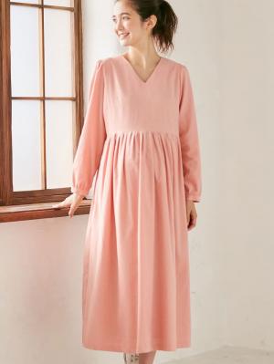 マタニティ ワンピース|コーデュロイギャザーワンピース　マタニティ・授乳服|ピンク　マキシ丈