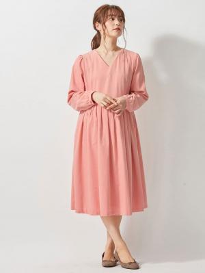 マタニティ ワンピース|コーデュロイギャザーワンピース　マタニティ・授乳服|ピンク　ミディ丈