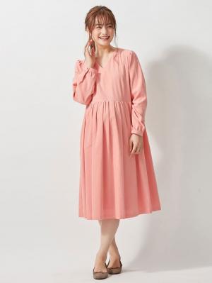 マタニティ ワンピース|コーデュロイギャザーワンピース　マタニティ・授乳服|ピンク　ミディ丈