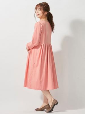 マタニティ ワンピース|コーデュロイギャザーワンピース　マタニティ・授乳服|ピンク　ミディ丈