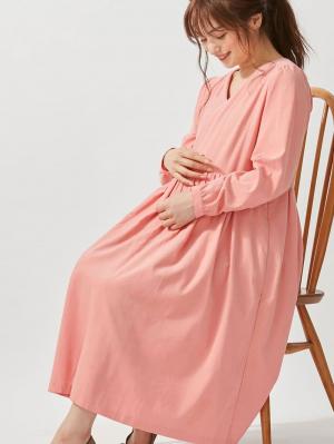 マタニティ ワンピース|コーデュロイギャザーワンピース　マタニティ・授乳服|ピンク　ミディ丈