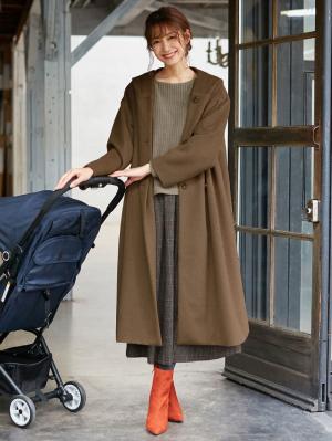 マタニティ アウター（コート）・ママコート|【産前産後対応】フード付ママコート|モカベージュ