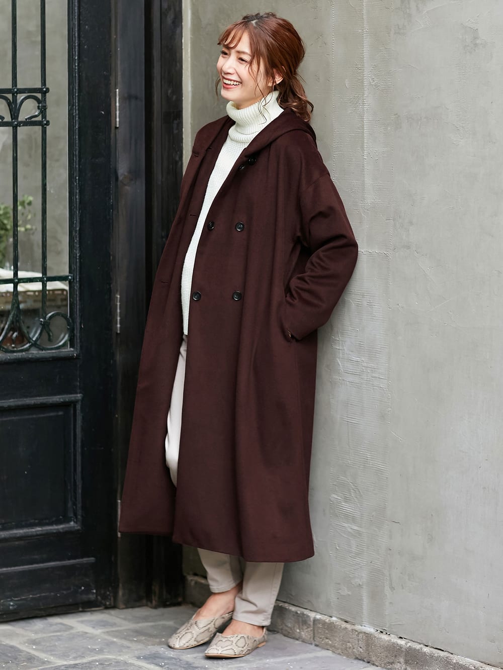 マタニティ アウター（コート）・ママコート|【産前産後対応】フード付ママコート|チェリーブラウン