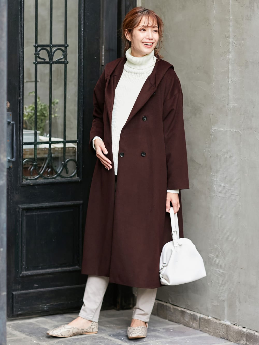 マタニティ アウター（コート）・ママコート|【産前産後対応】フード付ママコート|チェリーブラウン