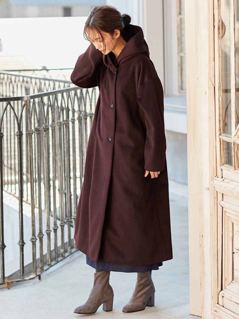 マタニティ アウター（コート）・ママコート|【産前産後対応】フード付ママコート|チェリーブラウン