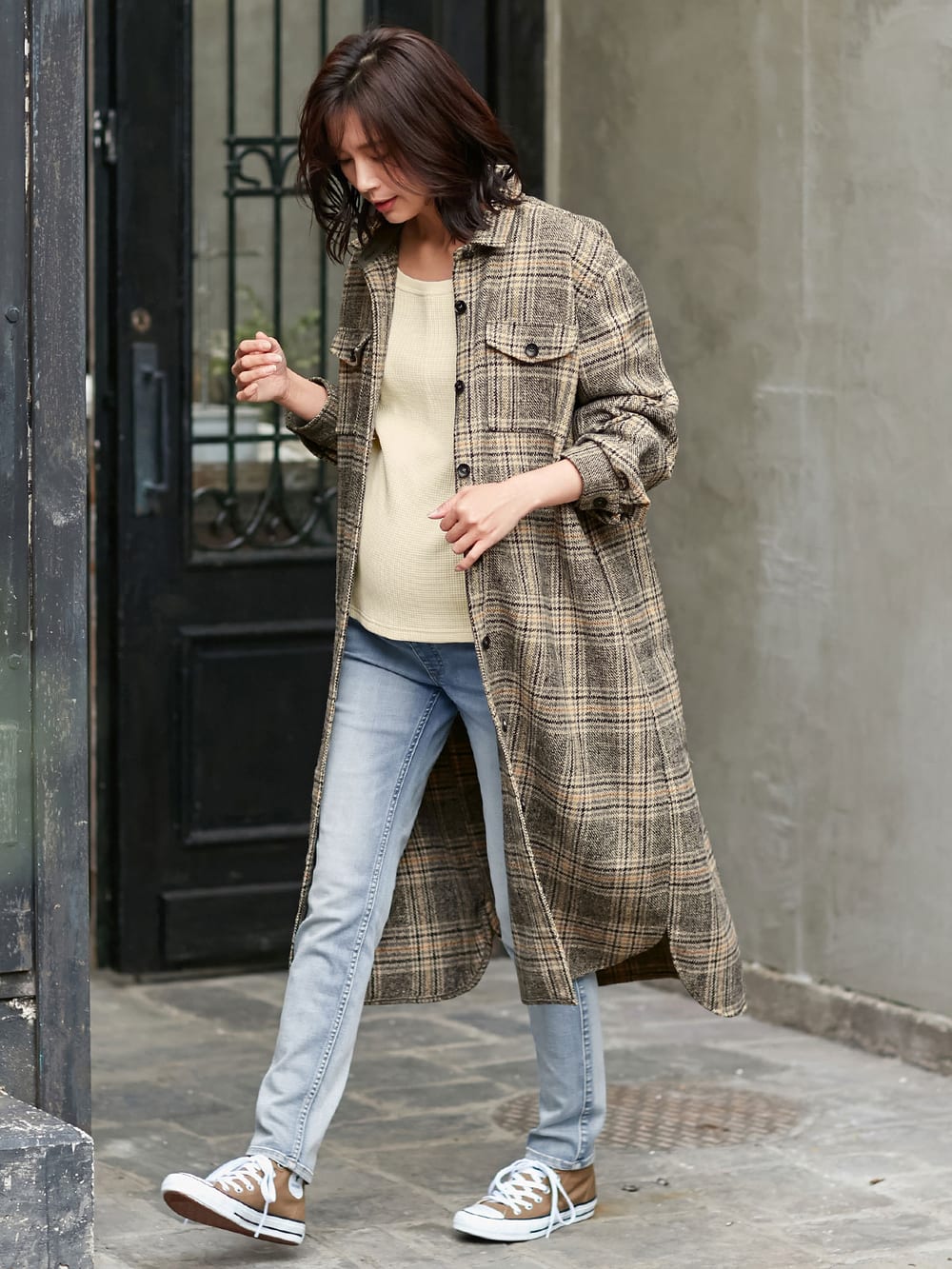 マタニティ ワンピース チェックシャツコートワンピース マタニティ 授乳服 マタニティウェア 授乳服通販 エンジェリーベ 公式