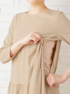 マタニティ ワンピース|ギャザー＆フレアーローウェストきれいめソフトポンチワンピース　マタニティ・授乳服【出産後も長く使える】