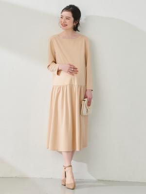 マタニティ ワンピース|ギャザー＆フレアーローウェストきれいめソフトポンチワンピース　マタニティ・授乳服【出産後も長く使える】