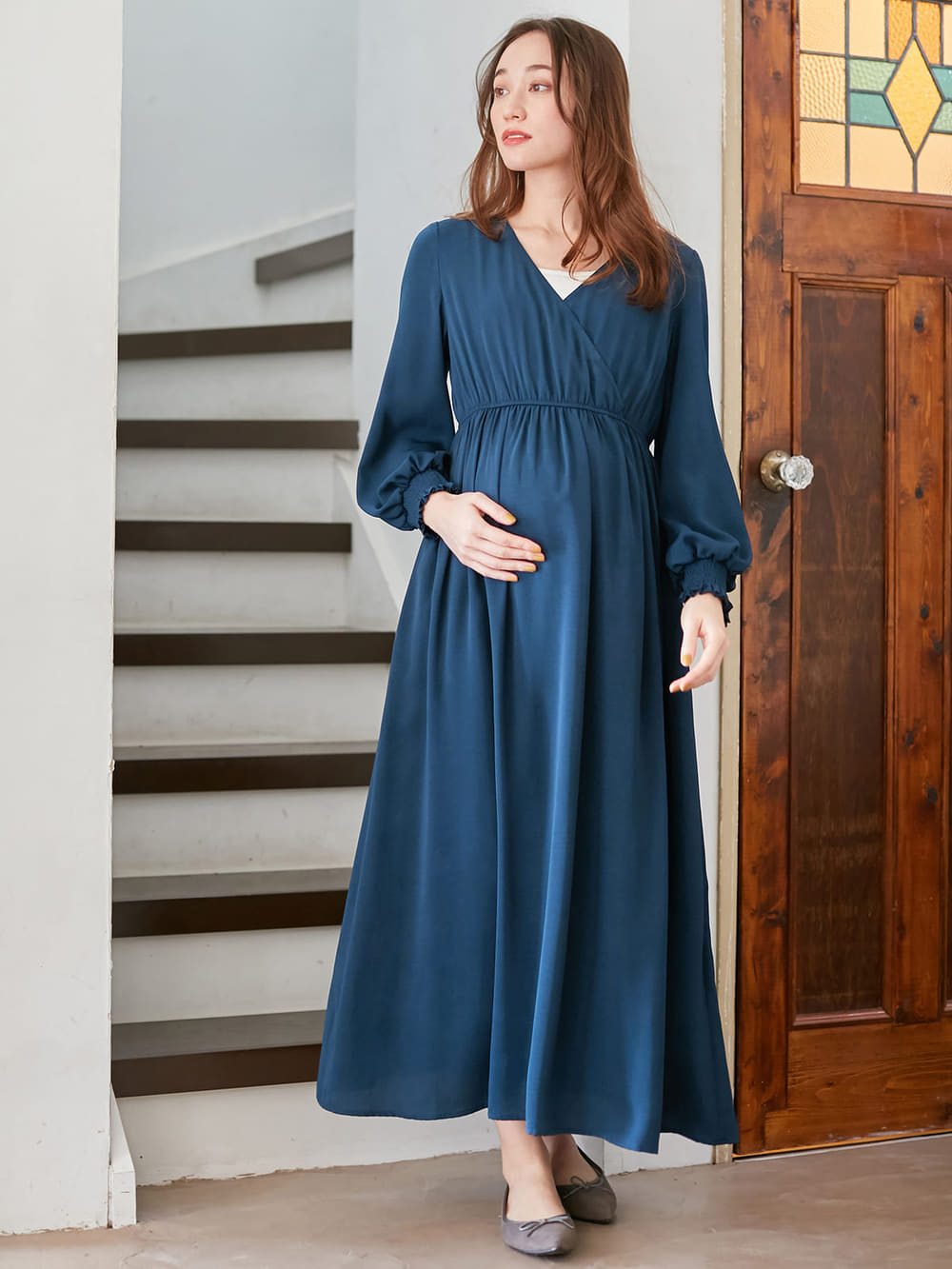 マタニティ ワンピース 授乳しやすい カシュクールネックポケット付ロングワンピース マタニティウェア 授乳服通販 エンジェリーベ 公式