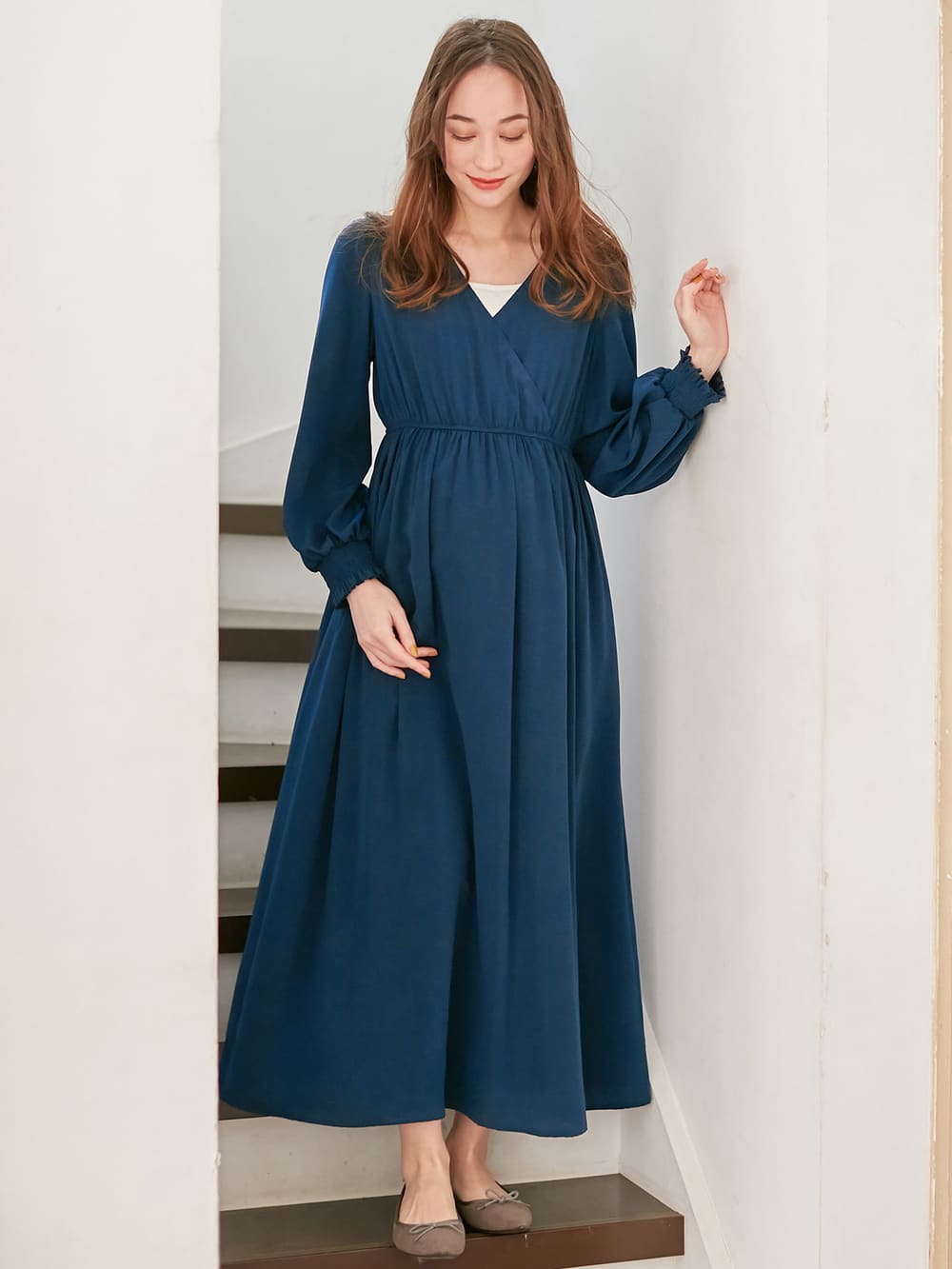 マタニティ ワンピース 授乳しやすい カシュクールネックポケット付ロングワンピース マタニティウェア 授乳服通販 エンジェリーベ 公式