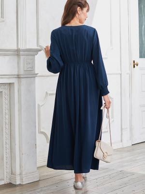 マタニティ ワンピース|カシュクールネックポケット付ロングワンピース　マタニティ・授乳服【出産後も長く使える】|ネイビー