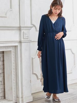 マタニティ ワンピース|カシュクールネックポケット付ロングワンピース　マタニティ・授乳服【出産後も長く使える】|ネイビー