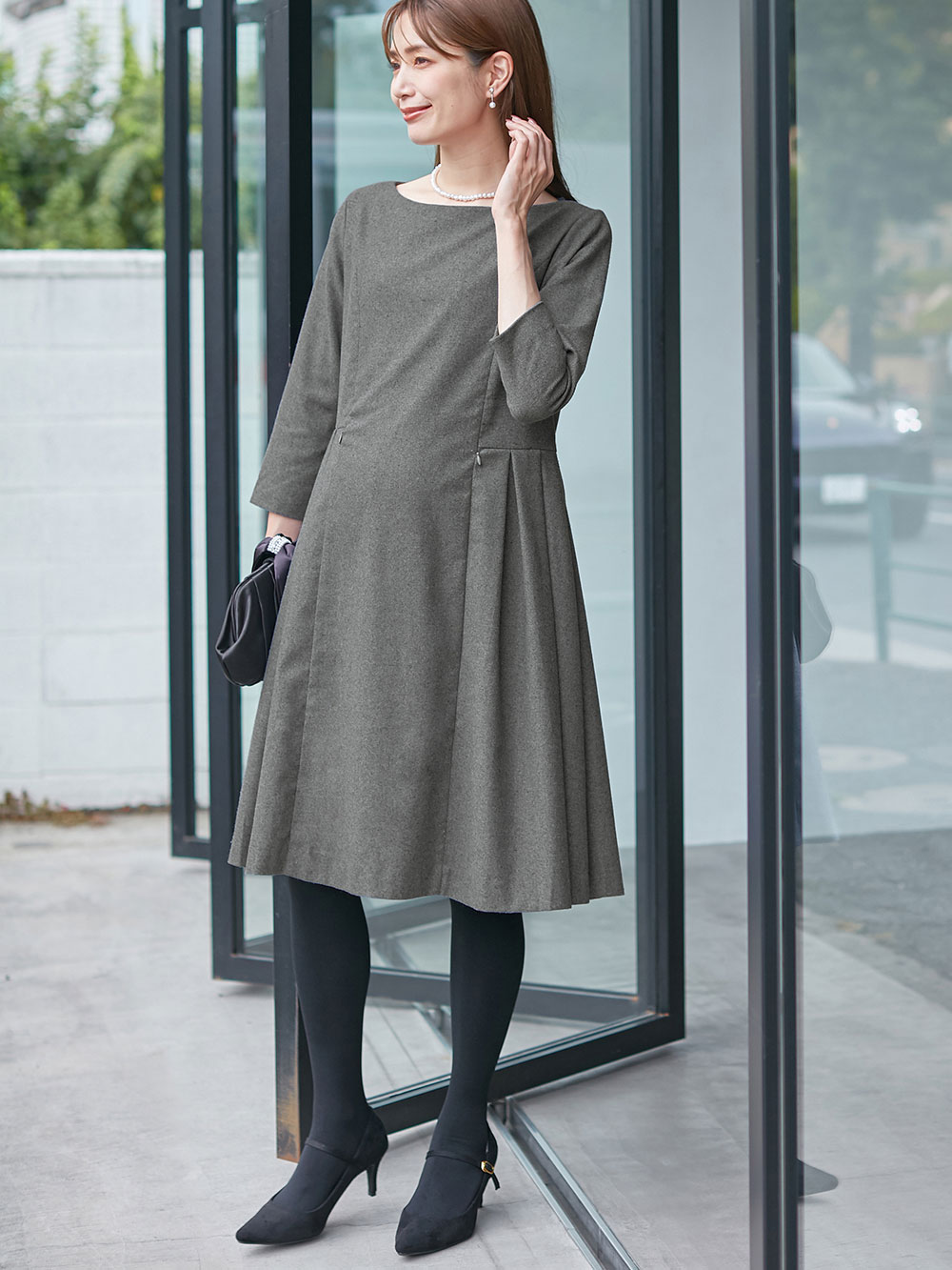 マタニティ ワンピース|ツイードライク サイドタックフレアワンピース　マタニティ・授乳服|杢グレー