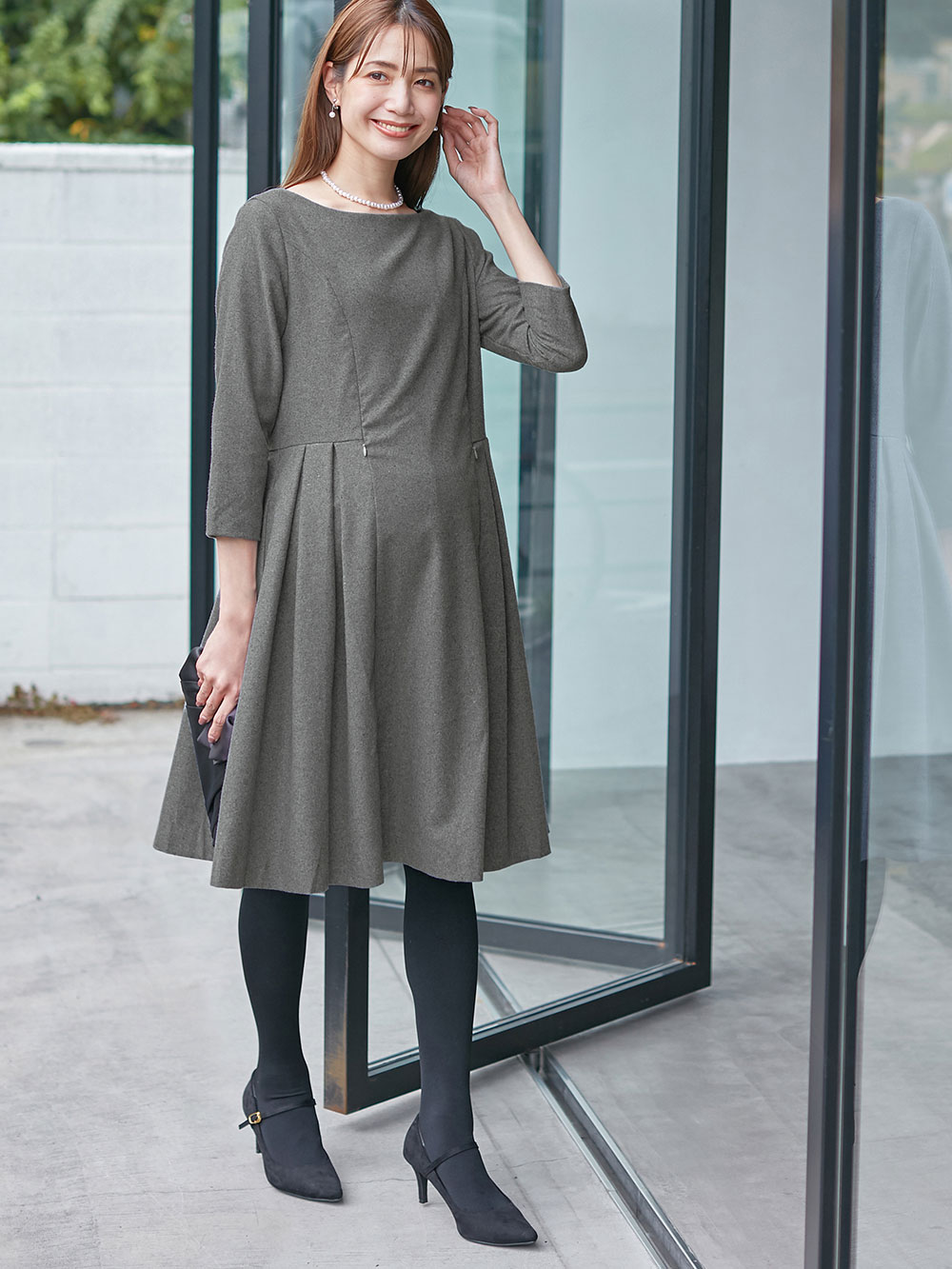 マタニティ ワンピース|ツイードライク サイドタックフレアワンピース　マタニティ・授乳服|杢グレー