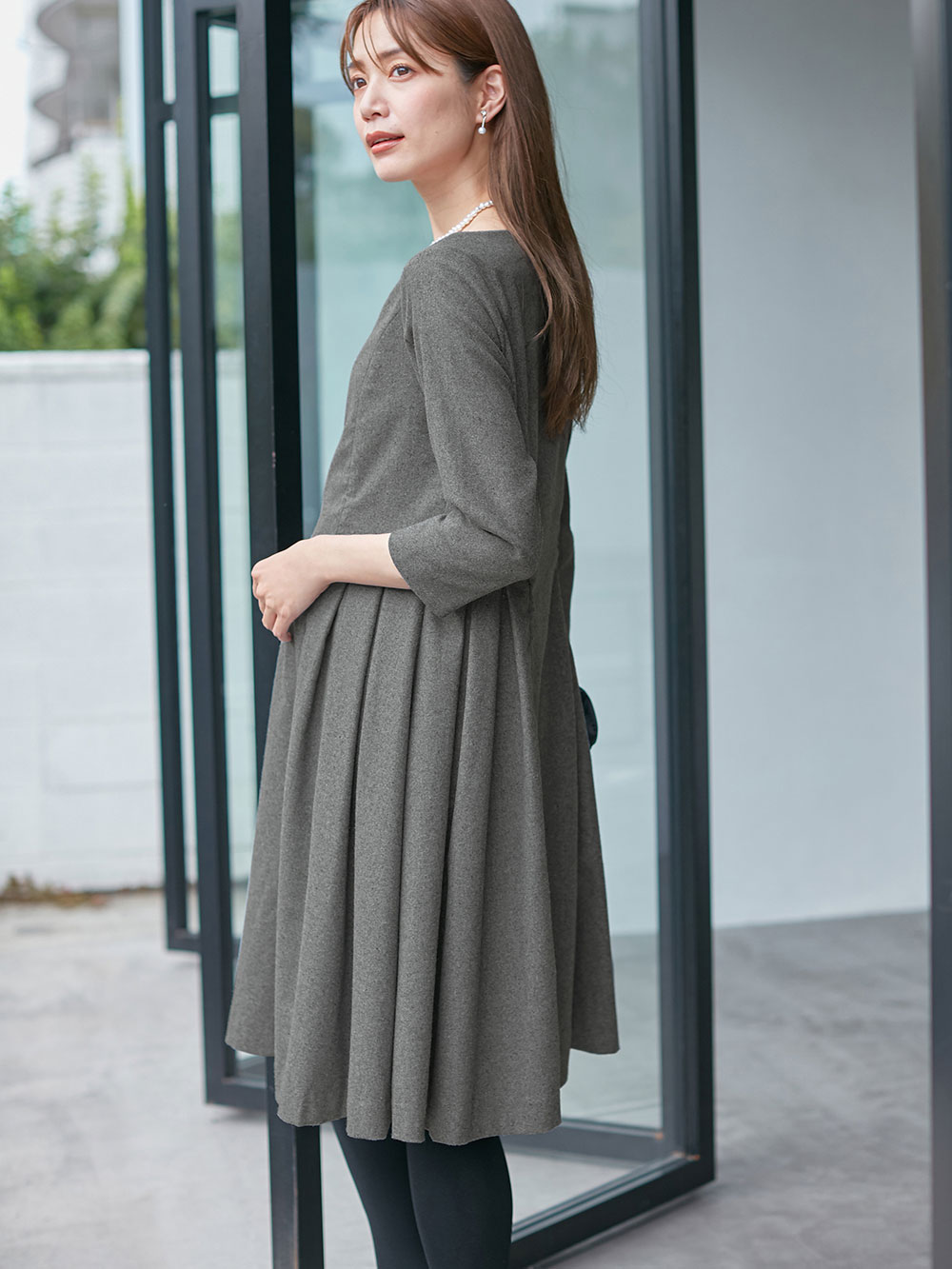 マタニティ ワンピース|ツイードライク サイドタックフレアワンピース　マタニティ・授乳服|杢グレー