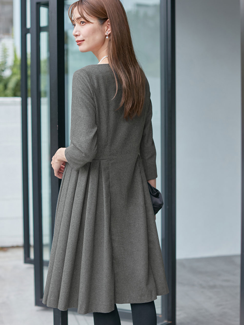 マタニティ ワンピース|ツイードライク サイドタックフレアワンピース　マタニティ・授乳服|杢グレー
