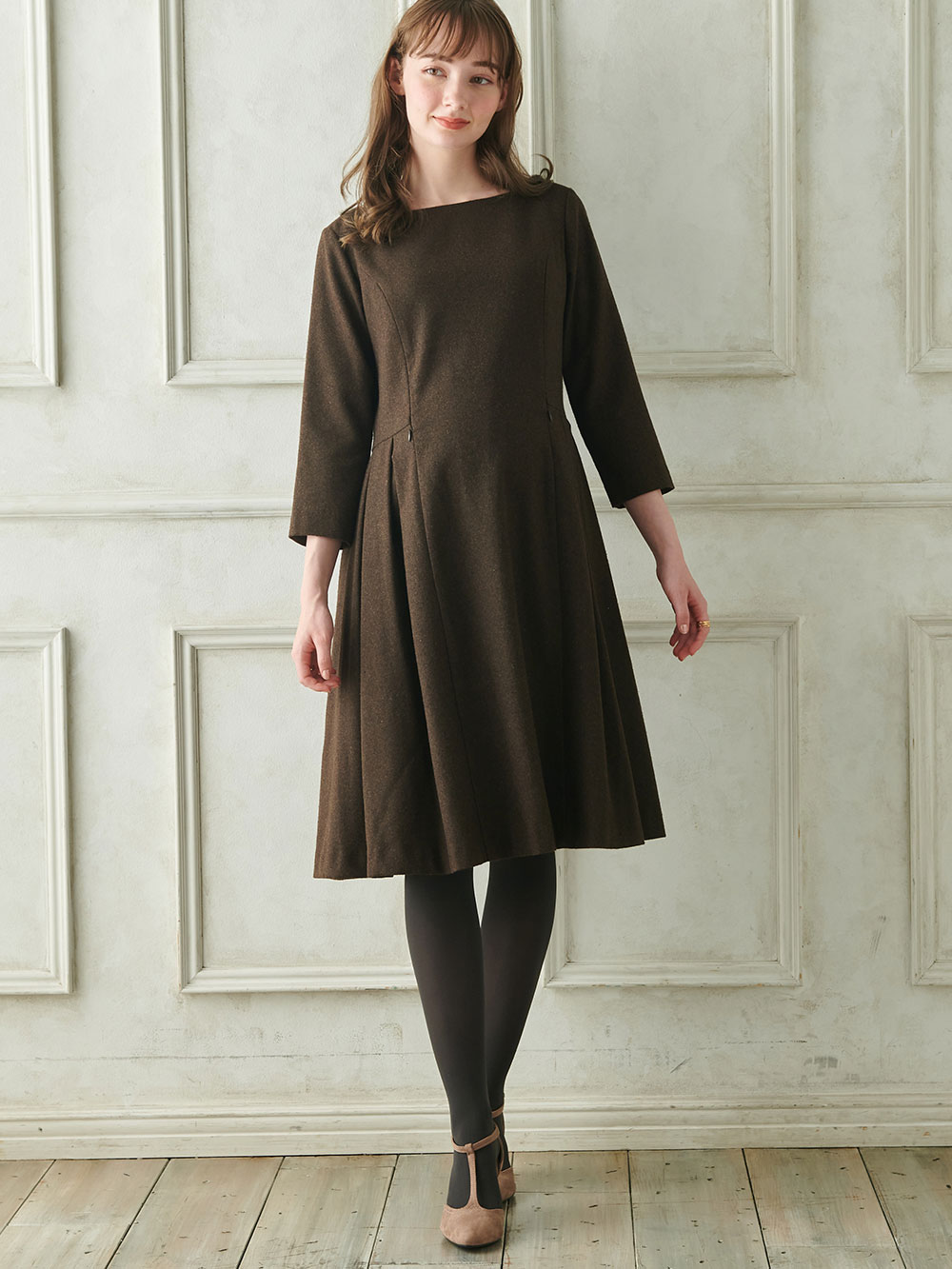 マタニティ ワンピース|ツイードライク サイドタックフレアワンピース　マタニティ・授乳服|ブラウン