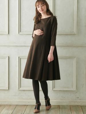マタニティ ワンピース|ツイードライク サイドタックフレアワンピース　マタニティ・授乳服|ブラウン
