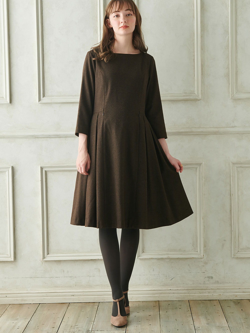 マタニティ ワンピース|ツイードライク サイドタックフレアワンピース　マタニティ・授乳服|ブラウン