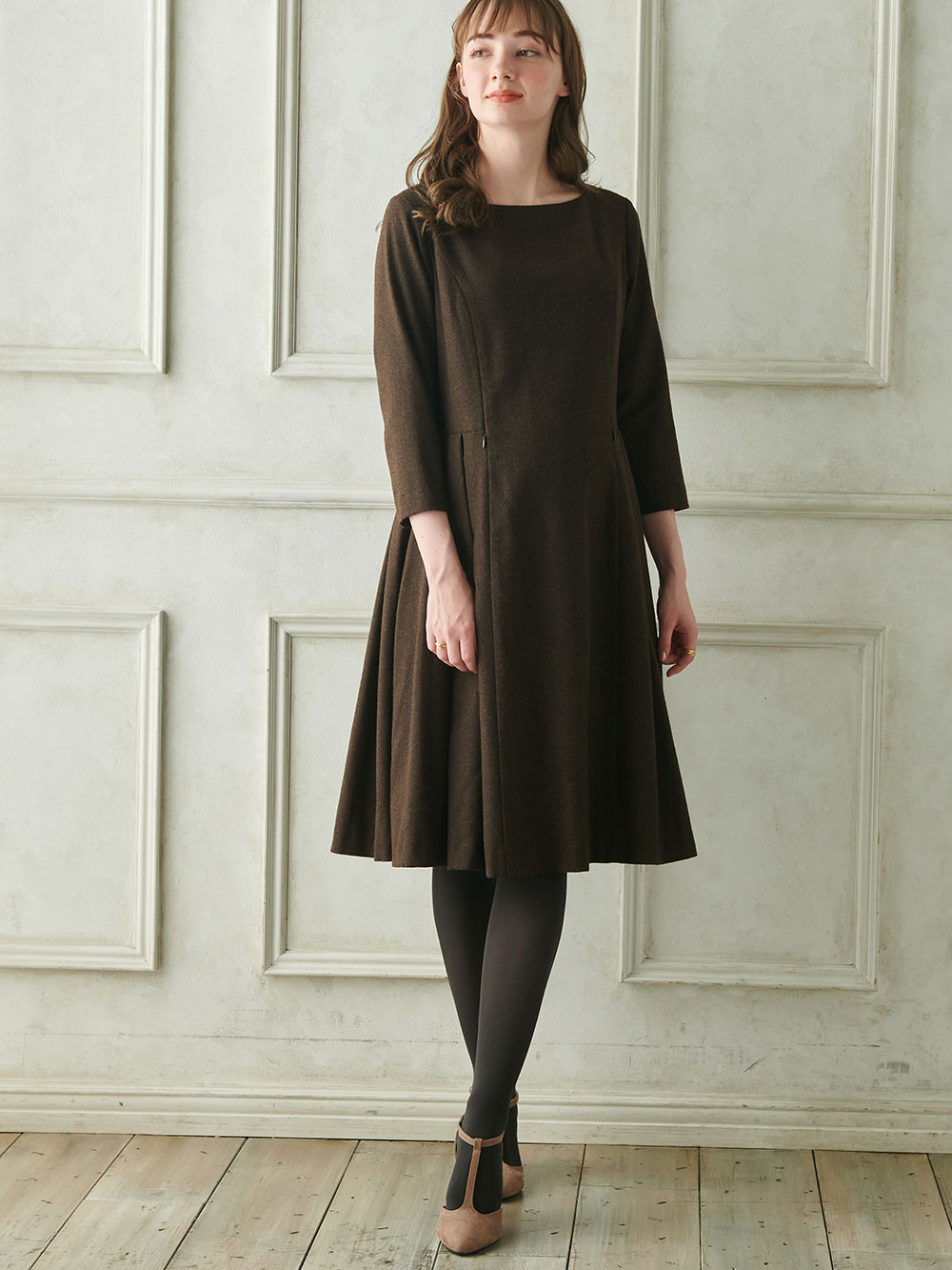 マタニティ ワンピース|ツイードライク サイドタックフレアワンピース　マタニティ・授乳服|ブラウン