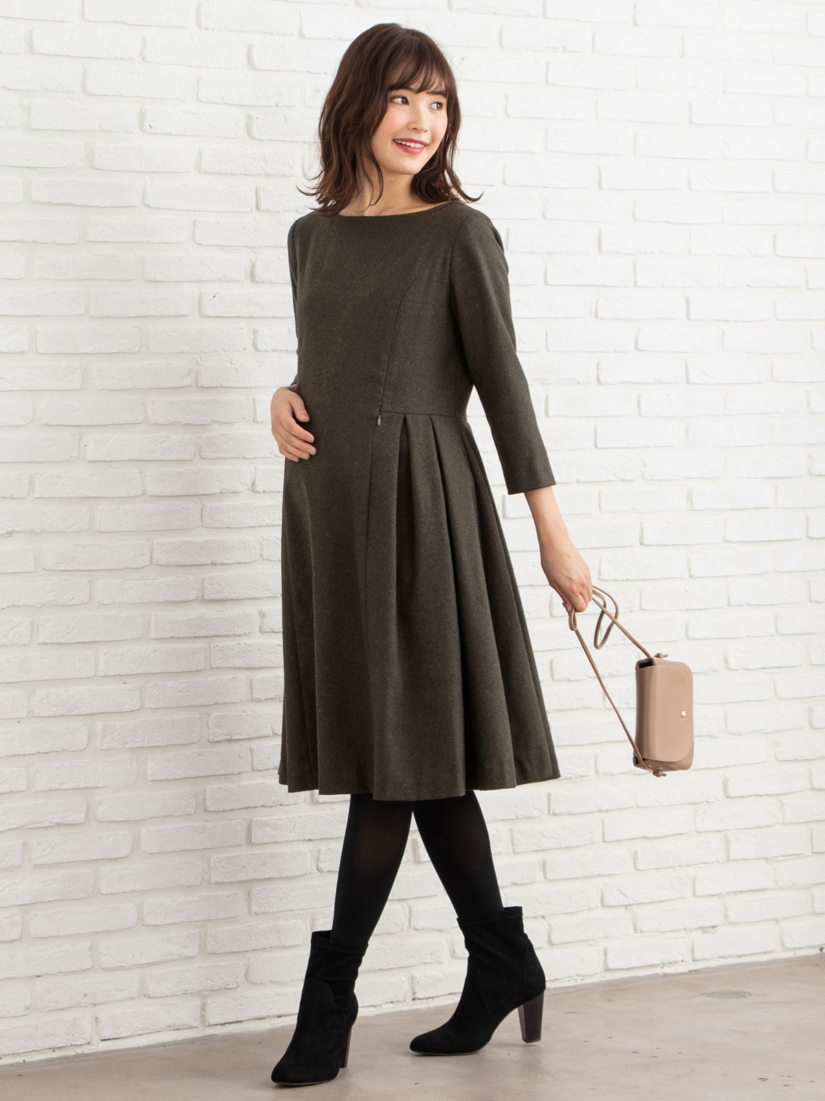 マタニティ ワンピース|ツイードライク サイドタックフレアワンピース　マタニティ・授乳服|ブラウン