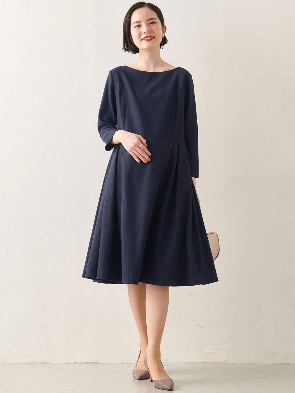 マタニティ ワンピース|ツイードライク サイドタックフレアワンピース　マタニティ・授乳服