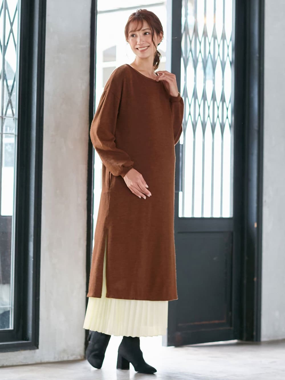 マタニティ ワンピース|【2WAY】前後2WAYロングカーディガンワンピース マタニティ・授乳服|ブラウン