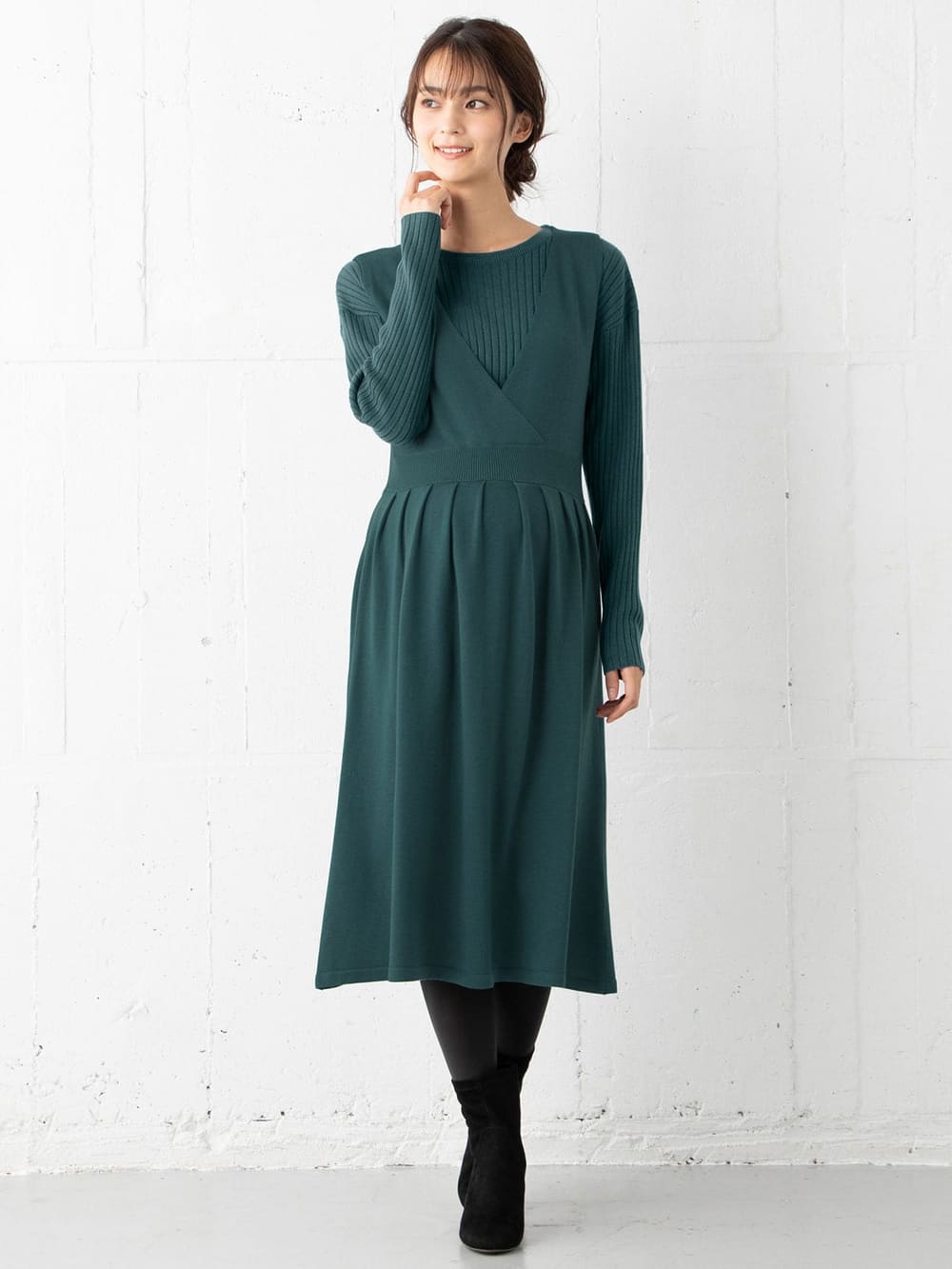 マタニティ ワンピース|リブニットトップス＆ニットジャンパースカートセット　マタニティ・授乳服【出産後も長く使える】|ターコイズ