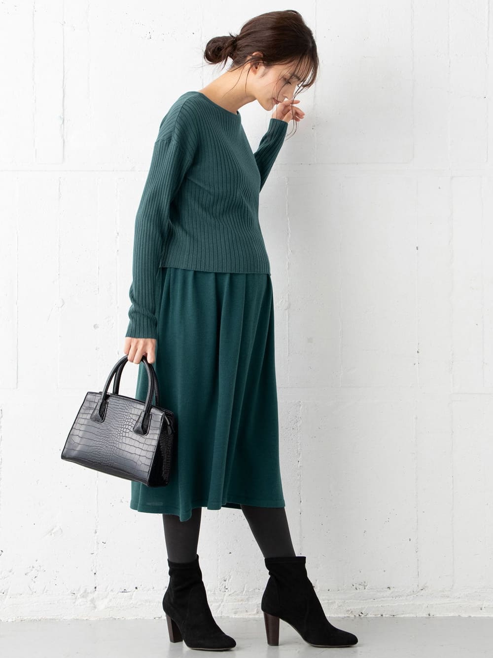 マタニティ ワンピース|リブニットトップス＆ニットジャンパースカートセット　マタニティ・授乳服【出産後も長く使える】|ターコイズ