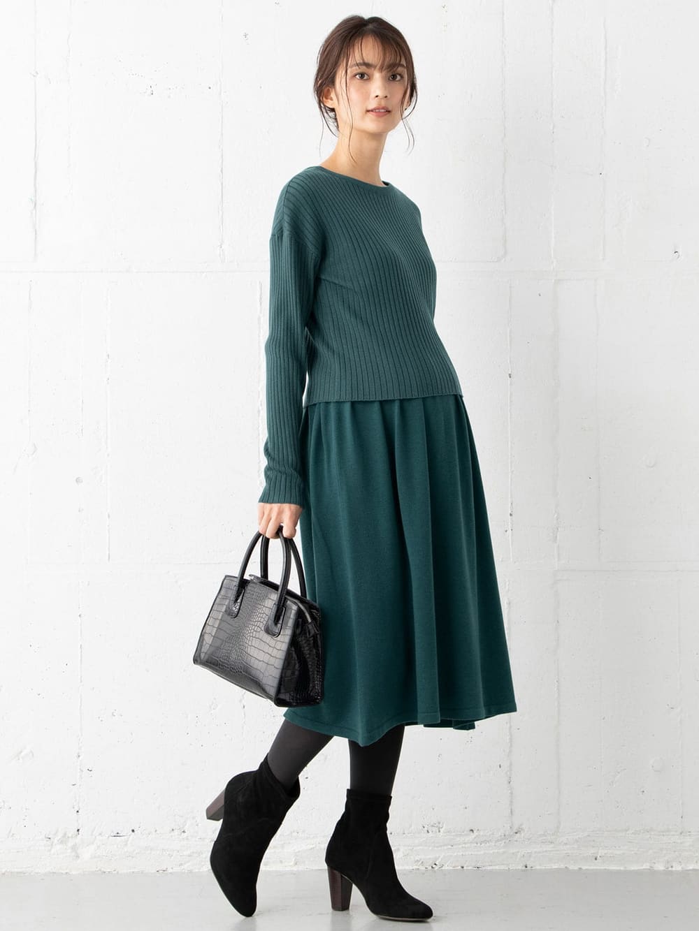 マタニティ ワンピース|リブニットトップス＆ニットジャンパースカートセット　マタニティ・授乳服【出産後も長く使える】|ターコイズ