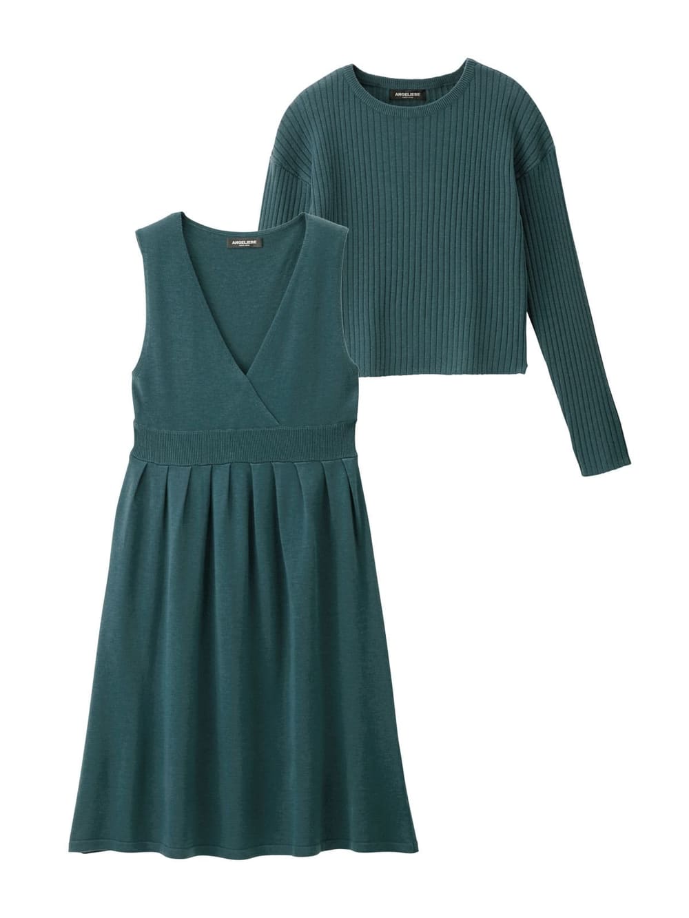 マタニティ ワンピース|リブニットトップス＆ニットジャンパースカートセット　マタニティ・授乳服【出産後も長く使える】|ターコイズ