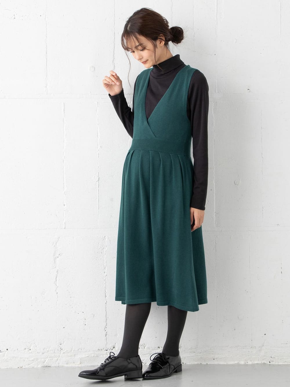 マタニティ ワンピース|リブニットトップス＆ニットジャンパースカートセット　マタニティ・授乳服【出産後も長く使える】|ターコイズ