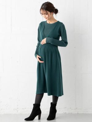 マタニティ ワンピース|リブニットトップス＆ニットジャンパースカートセット　マタニティ・授乳服【出産後も長く使える】|ターコイズ