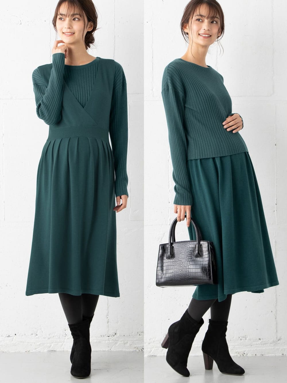 マタニティ ワンピース|リブニットトップス＆ニットジャンパースカートセット　マタニティ・授乳服【出産後も長く使える】|ターコイズ