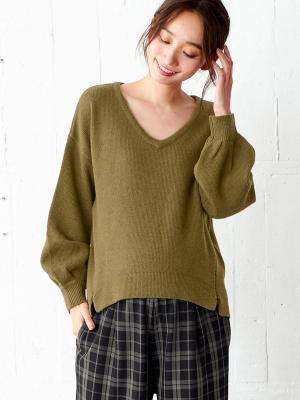 ウール混ボリュームスリーブVネックトップス　マタニティ・授乳服【出産後も長く使える】29495