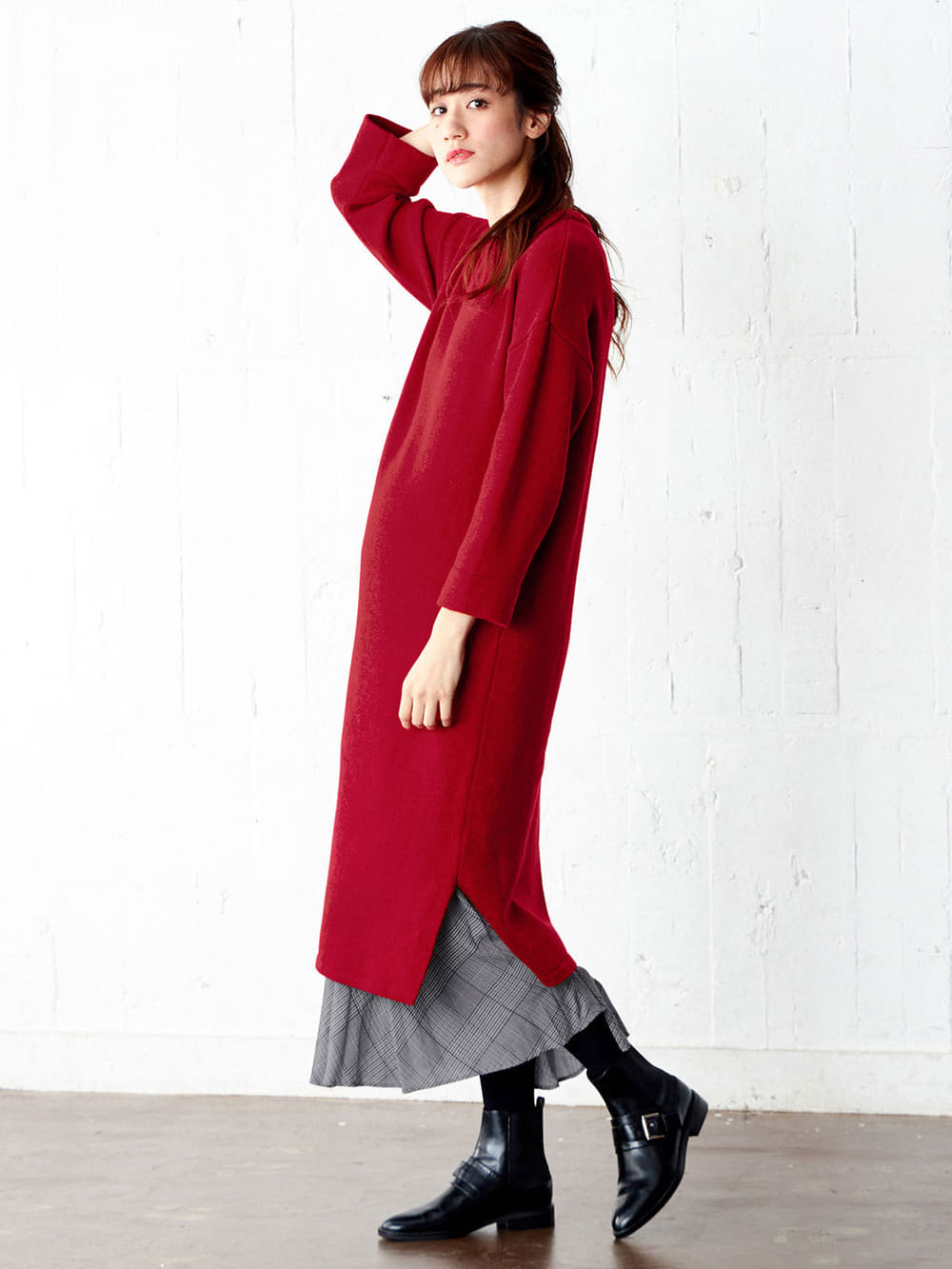 マタニティ ワンピース|ウール混クルーネックワンピース　マタニティ・授乳服|レッド