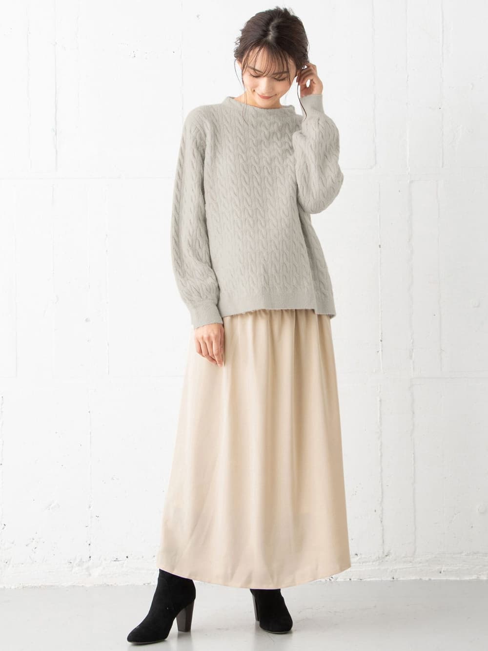 マタニティ ワンピース|【セット】もっちりケーブルボトルニット＆ロングスカートセット　マタニティ・授乳服|ペールベージュ