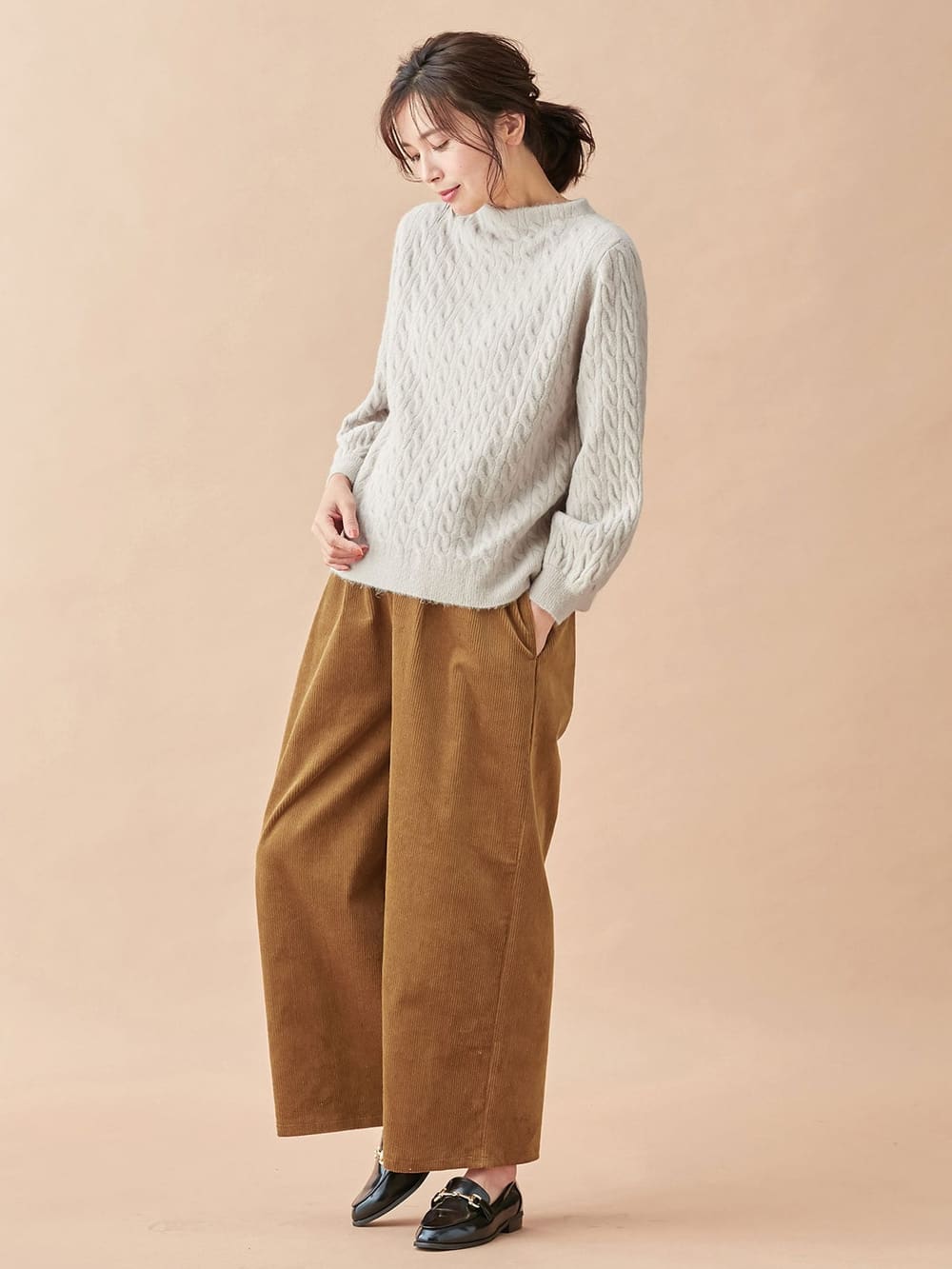 マタニティ ワンピース|【セット】もっちりケーブルボトルニット＆ロングスカートセット　マタニティ・授乳服|ペールベージュ