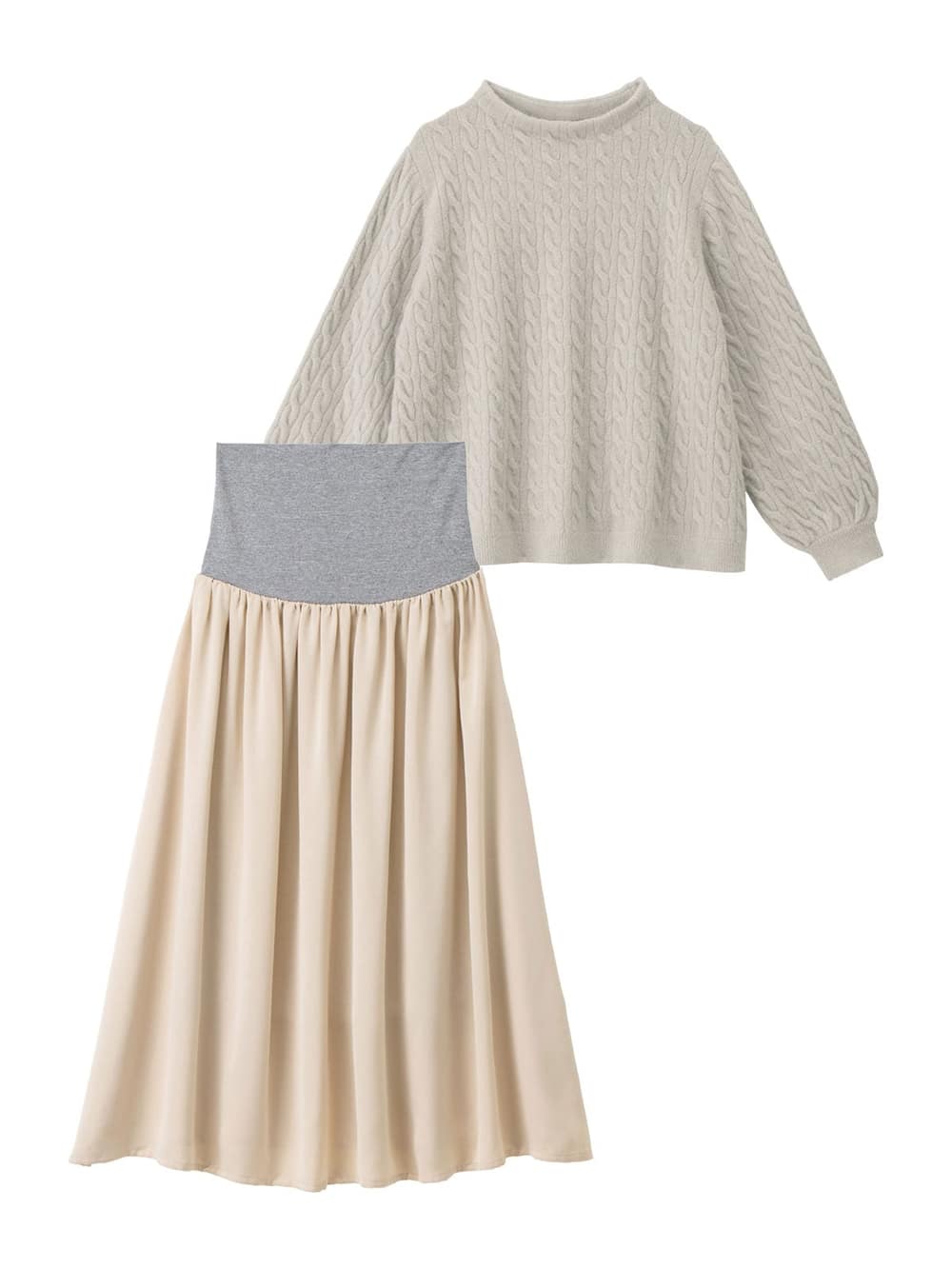 マタニティ ワンピース|【セット】もっちりケーブルボトルニット＆ロングスカートセット　マタニティ・授乳服|ペールベージュ