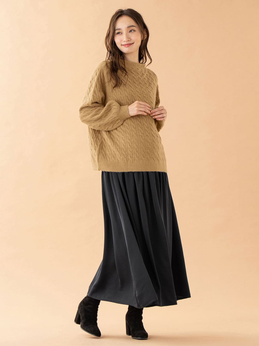 マタニティ ワンピース|【セット】もっちりケーブルボトルニット＆ロングスカートセット　マタニティ・授乳服|キャメル